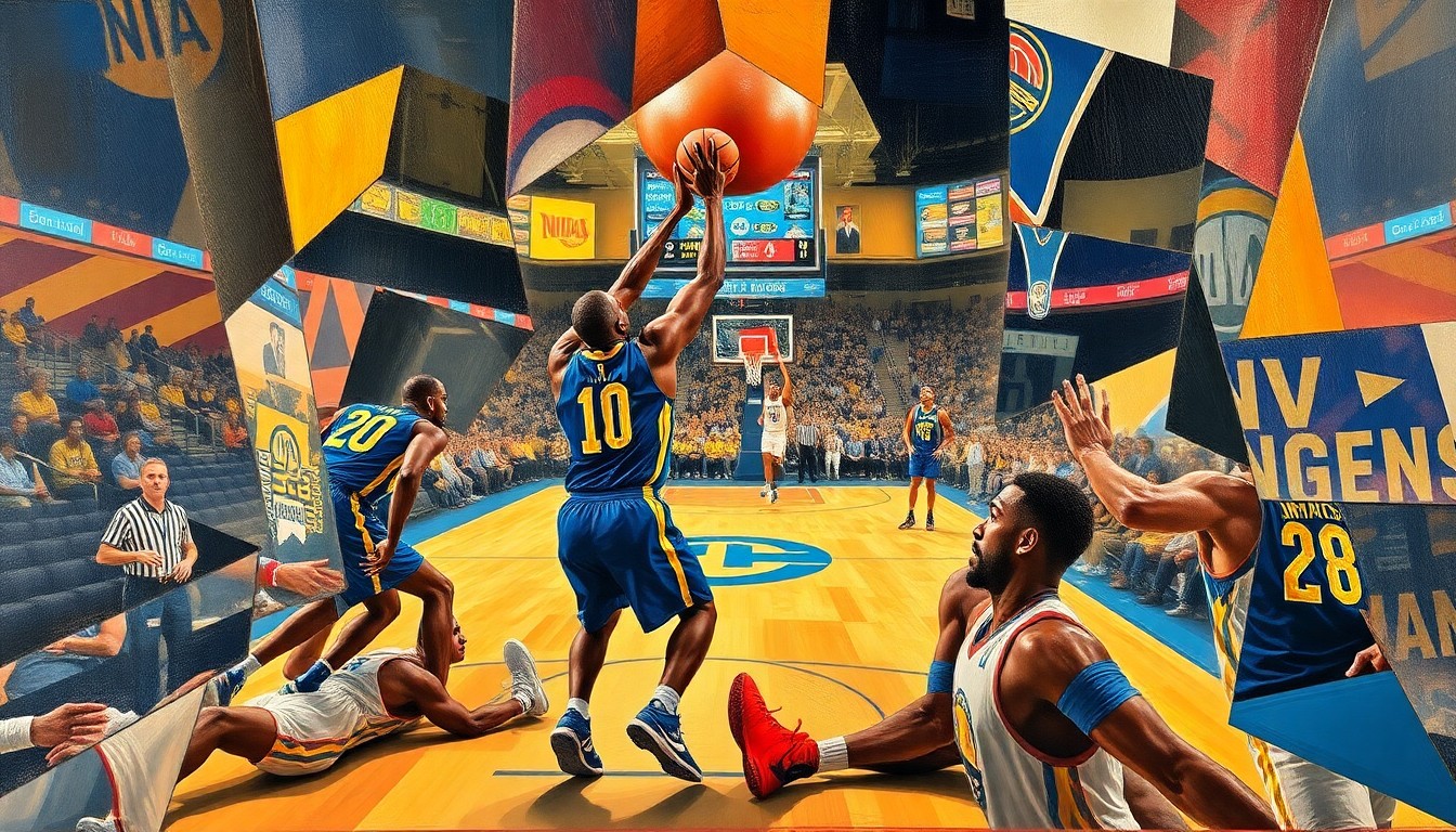 A cubist-style painting depicting an abstract basketball game, with the players' forms broken down into geometric shapes and planes of color against a fading arena backdrop.