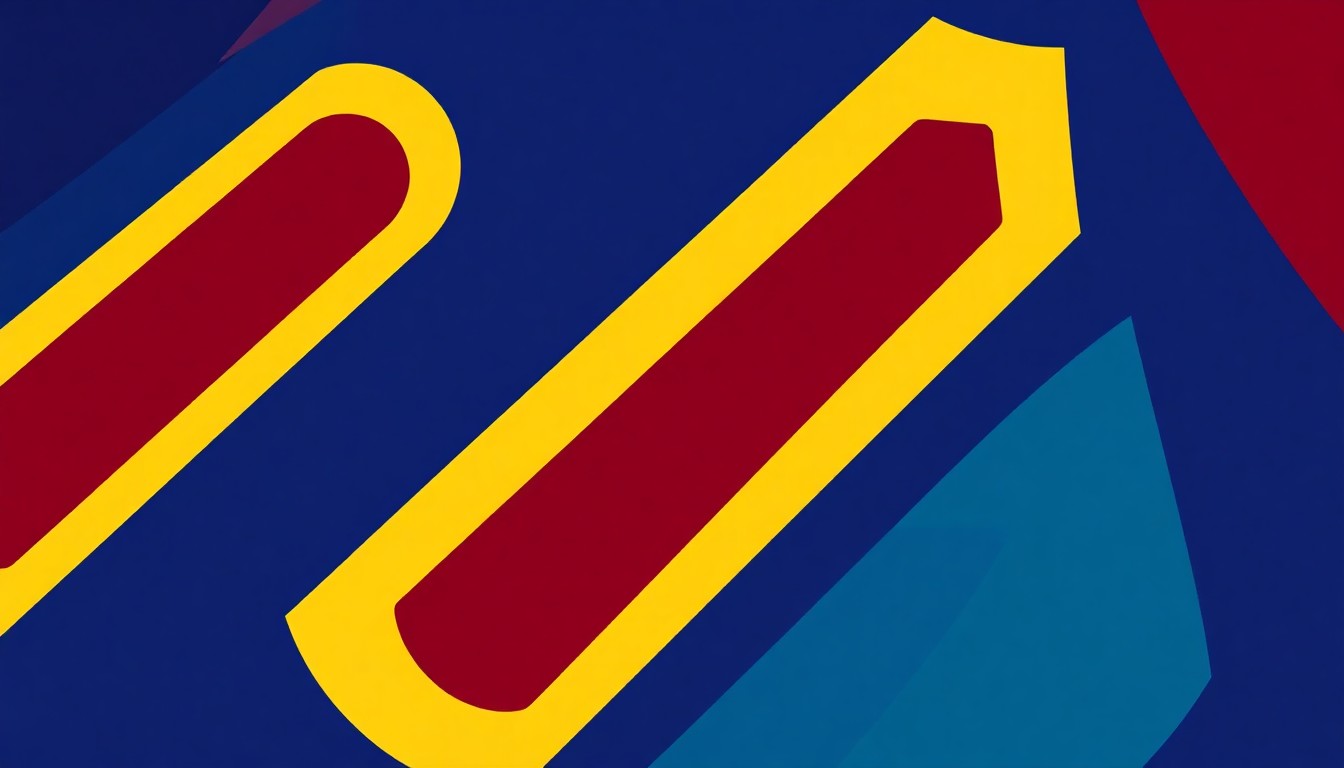 An abstract, minimalist illustration composed of bold, angular shapes in shades of blue, yellow, and burgundy, conceptually representing the energy and artistry of a jazz performance.