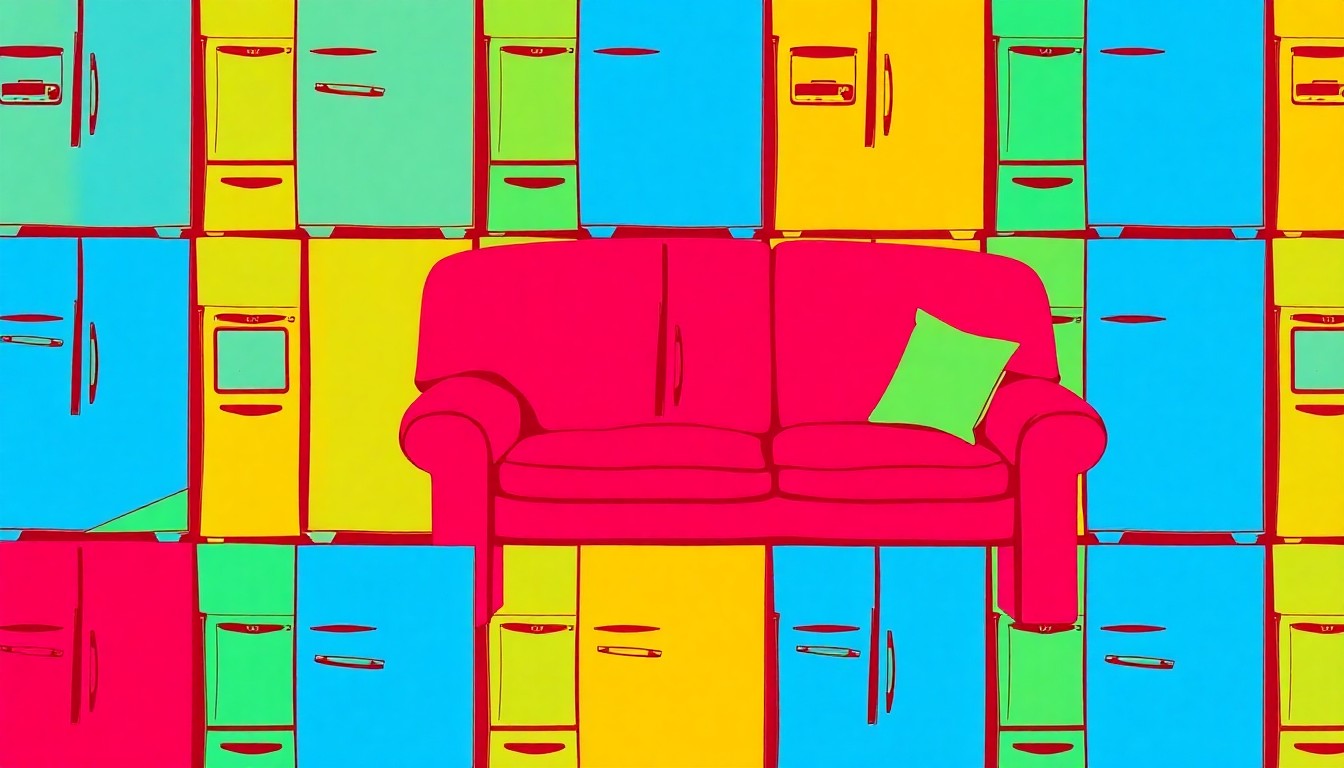 A vibrant, abstract silkscreen print composed of repeating images of a large household item like a couch or refrigerator, rendered in a bold, neon color palette with heavy black outlines, conceptually representing the disposal of bulky waste at a community recycling event.