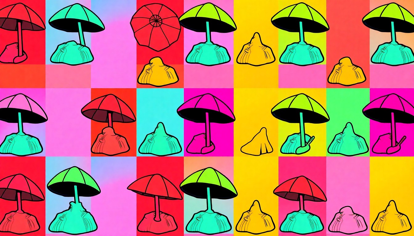 A brightly colored, high-contrast silkscreen print of a single, iconic sand sculpture object repeated in a tight grid pattern, capturing the playful and artistic spirit of the Texas SandFest.