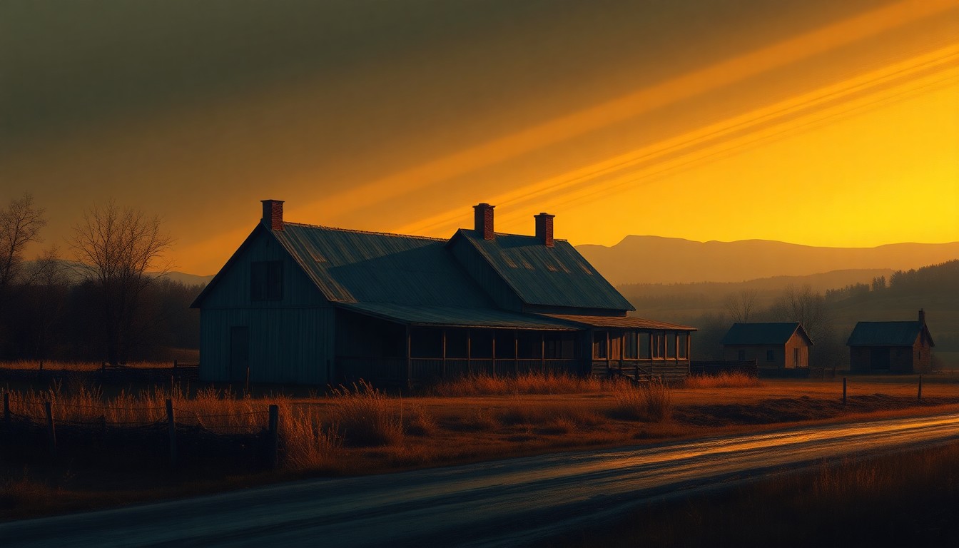 A nostalgic, cinematic painting of an old farmhouse on the edge of a small town, with warm sunlight and deep shadows creating a sense of quiet contemplation around the rural property.