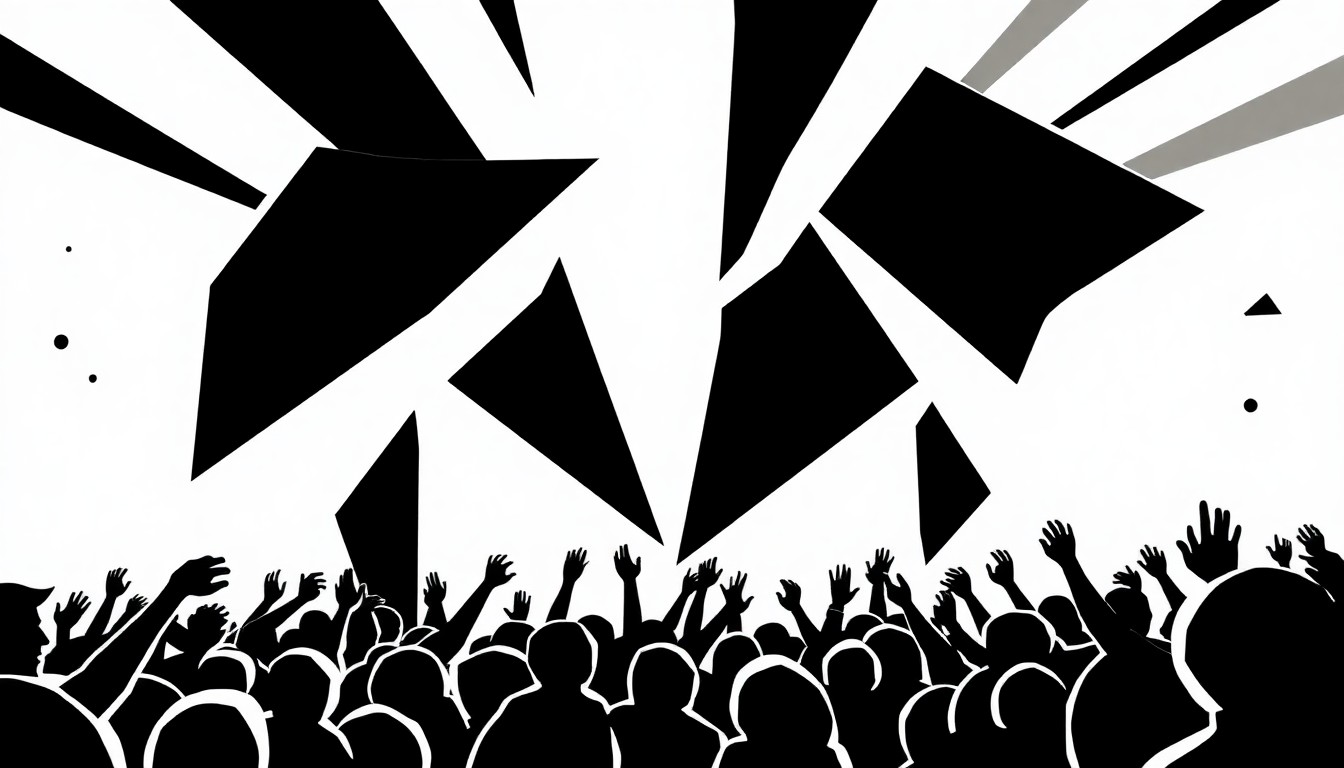 A striking, minimalist illustration featuring bold, geometric black shapes against a stark white background, capturing the vibrant energy and celebratory spirit of an outdoor music festival.