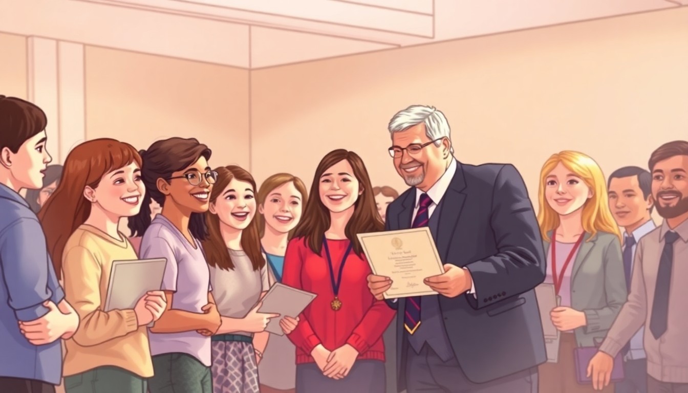 A blurred, impressionistic photograph showing the silhouettes of students and adults gathered at an awards ceremony, with a central figure receiving a certificate from the mayor, all in a soft, dreamlike wash of warm colors.