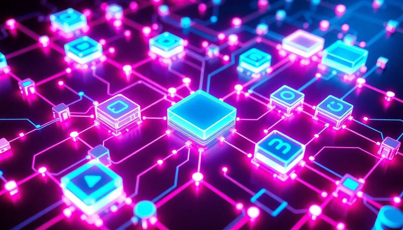 A highly detailed, glowing 3D illustration of a complex network of interconnected library management software components, represented by illuminated geometric shapes and lines in a palette of neon cyan, magenta, and deep indigo, conceptually representing the integration of HARRASSOWITZ's new FOLIO APIs.
