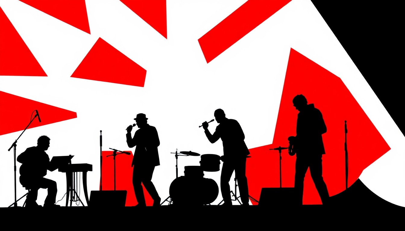 A striking abstract composition of jagged black silhouettes and bold red geometric shapes, conceptually representing the energy and diversity of a jazz music festival.