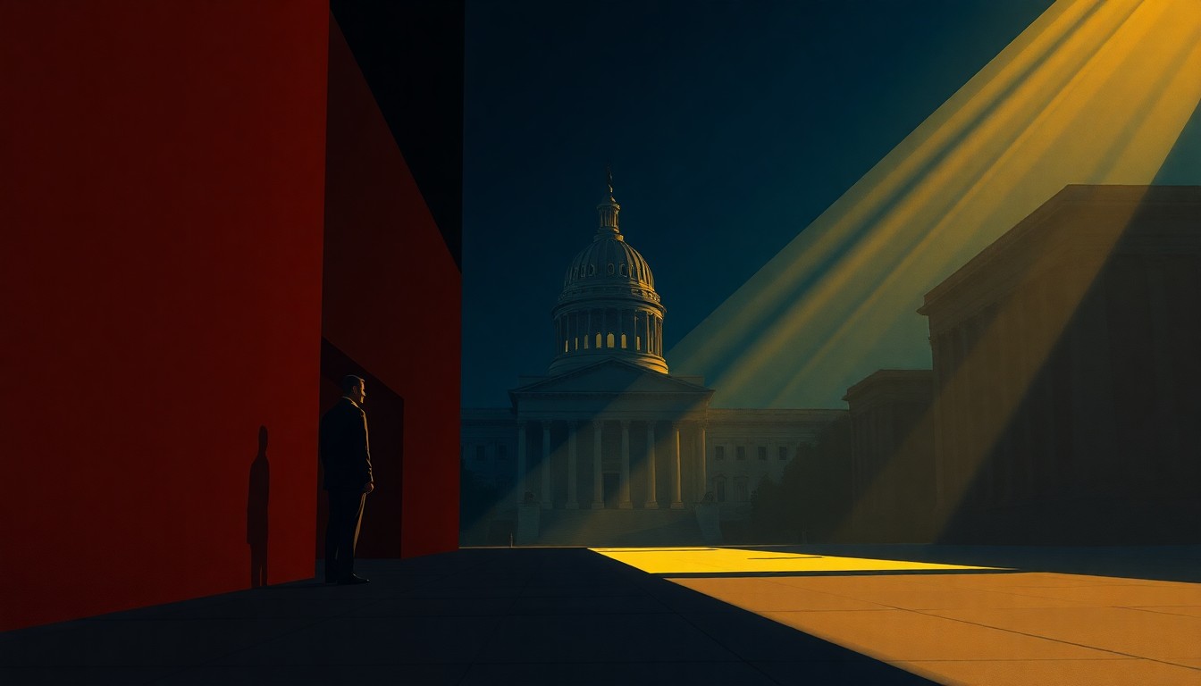 A serene, cinematic painting depicting a lone government building or political figure in a state of quiet contemplation, the scene bathed in warm, dramatic lighting that casts deep shadows, conveying a sense of unease and uncertainty in the face of global political turmoil.