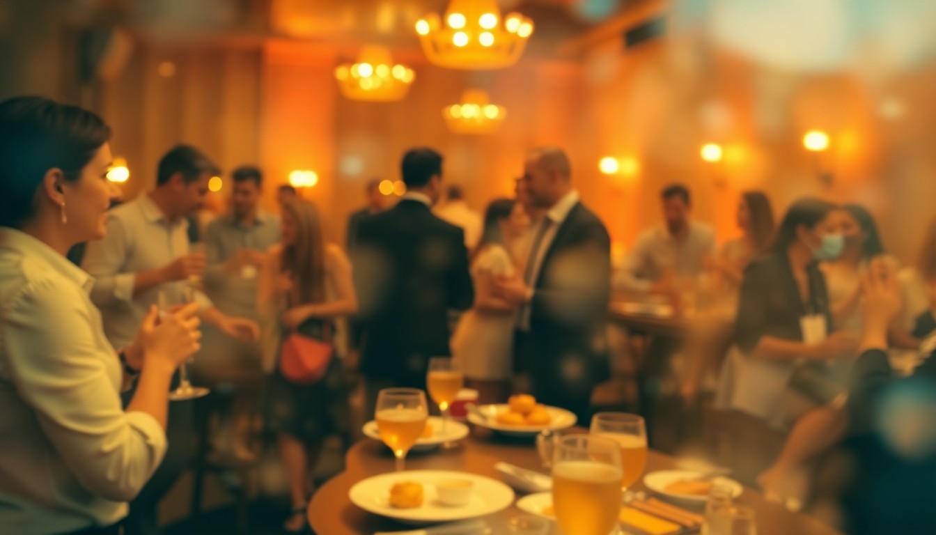 An extremely blurred, abstract image of an upscale event, with soft, warm pools of light and color creating a dreamlike, celebratory atmosphere.