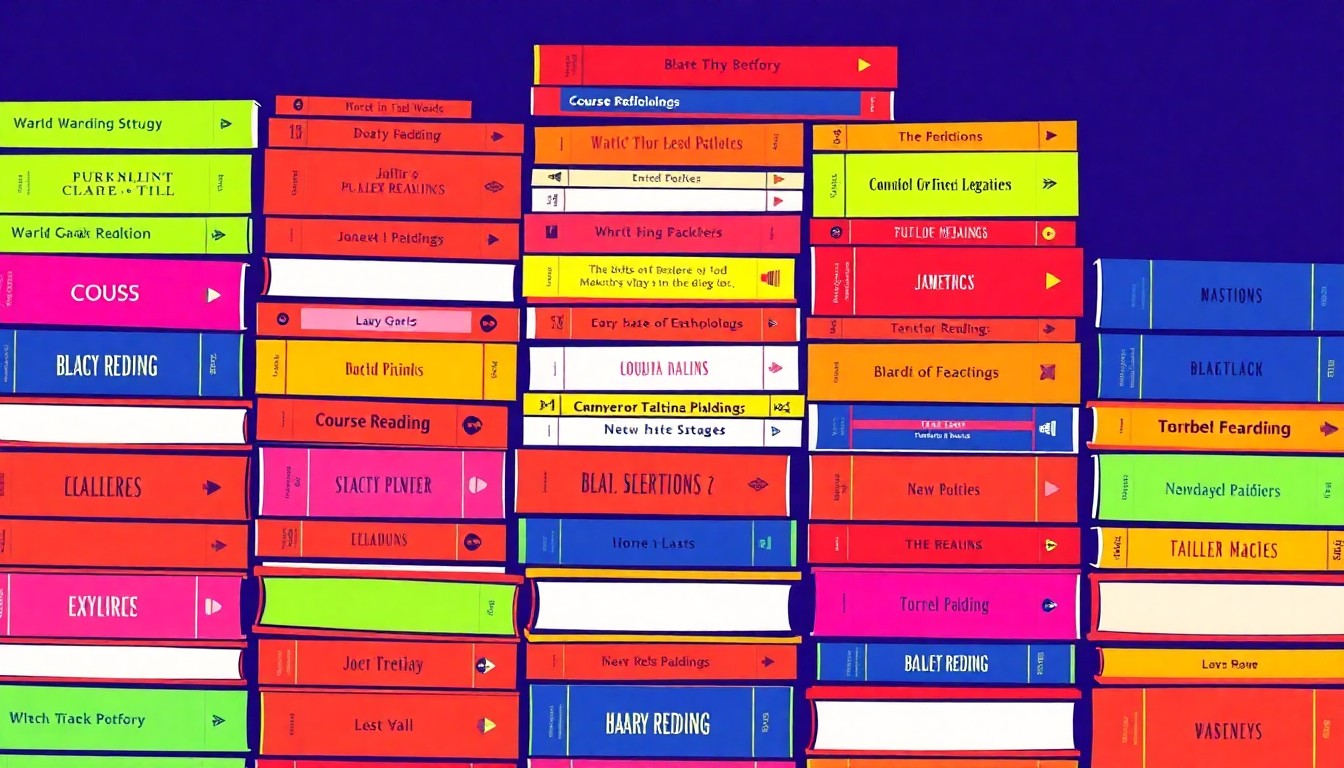 A bold, abstract silkscreen illustration featuring a grid of colorful, stylized book spines in shades of pink, purple, and teal, conceptually representing the diverse course reading materials published by Lived Places Publishing.