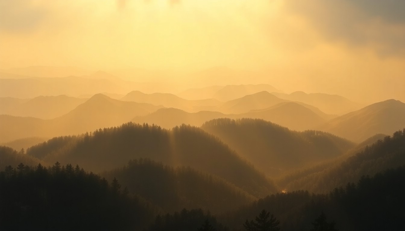 A vast, atmospheric landscape painting depicting the Appalachian mountains shrouded in a dramatic, golden-hued haze, conveying the overwhelming scale and power of the natural environment during a period of heightened fire danger.