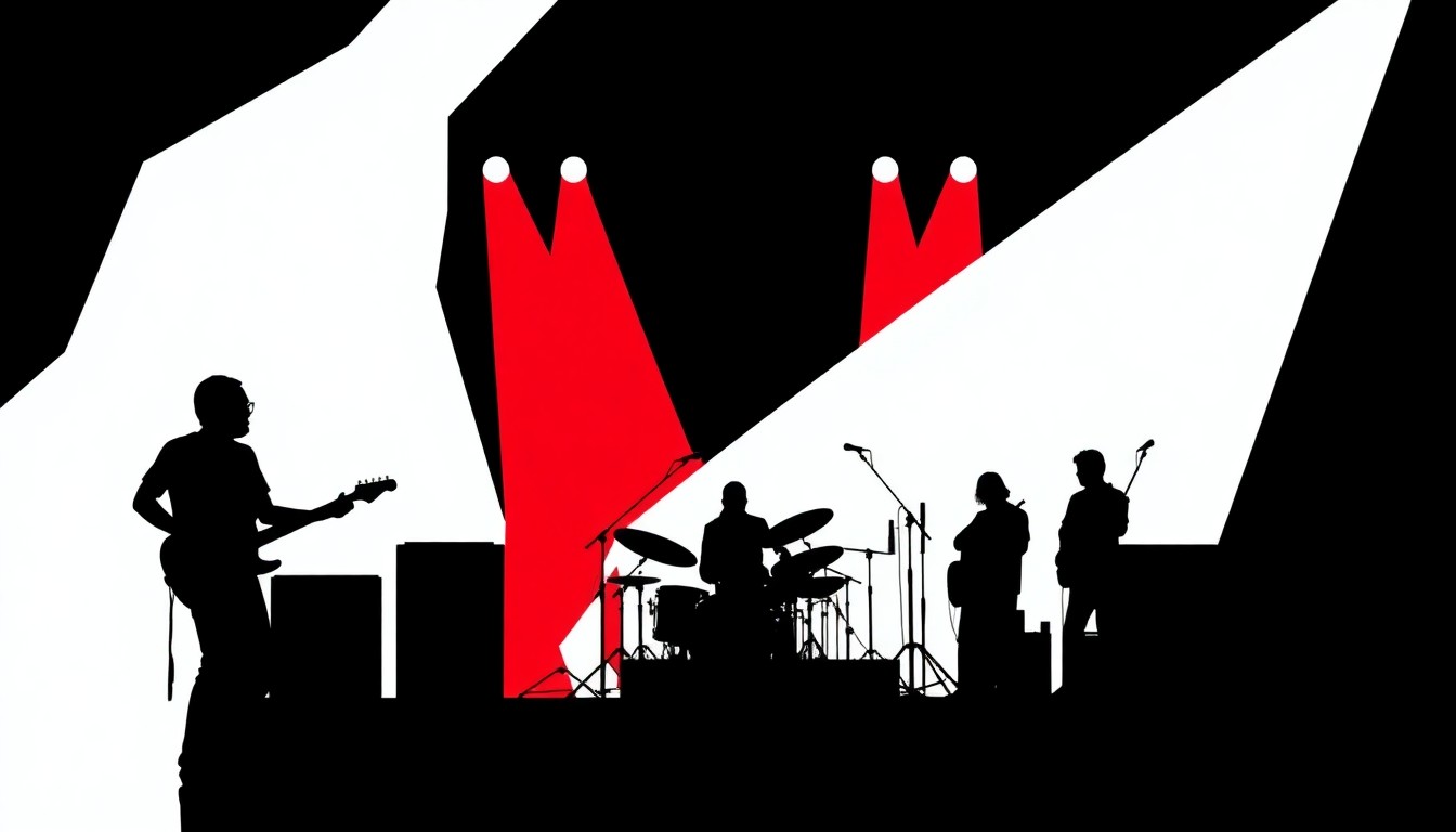 A striking abstract illustration featuring bold, jagged shapes in red and black, conceptually representing the energy and excitement of a live music performance.