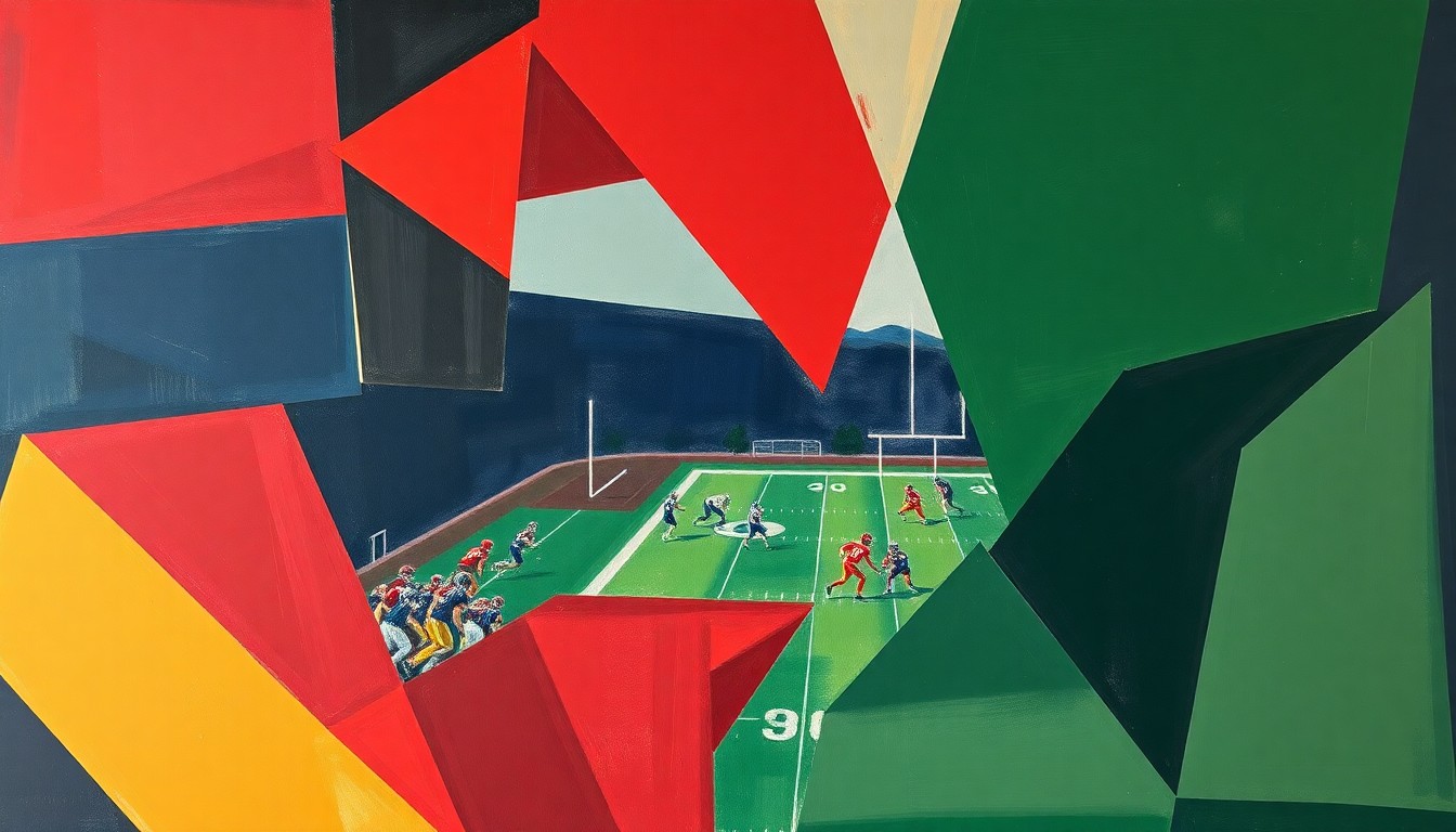 A fragmented, cubist-style painting depicting the action and energy of a high school football game, with sharp geometric shapes in deep red, navy, and green tones.