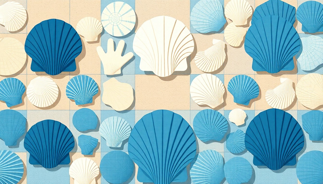 A minimalist, geometric illustration depicting a grid of interlocking seashells in various shapes and sizes, rendered in bold, contrasting colors like deep ocean blue, sandy beige, and pearl white, representing the 'SHELL COMPANY' theme of the NYT Strands puzzle.