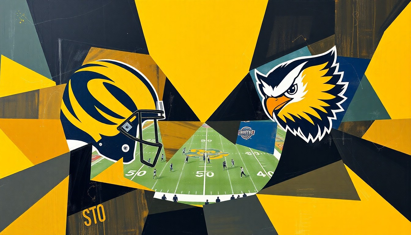 A cubist, geometric painting depicting a college football game between two teams, with the players and field broken down into overlapping angular shapes in navy blue, gold, black, and gold colors.