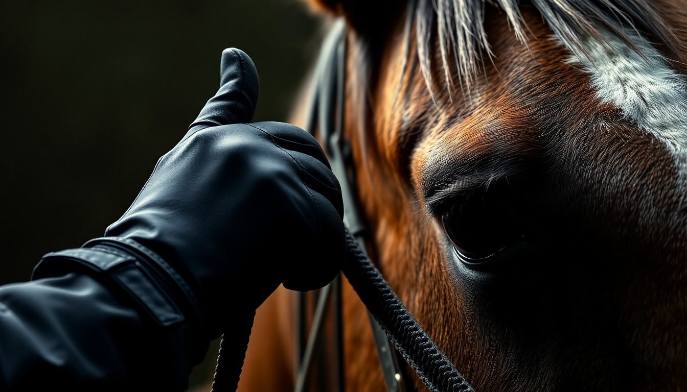 An extreme close-up photograph of a police officer's gloved hand gripping the reins of a horse, the animal's head and neck filling the frame, with a stark, direct flash illuminating the textured fur and leather in high contrast, conceptually representing the intensity and danger of a mounted police pursuit.