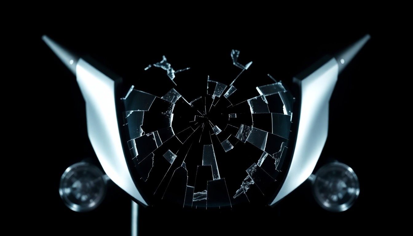 An extreme close-up of a shattered motorcycle lens reflecting a bright flash of light, conceptually illustrating the devastating impact of a collision between a motorcycle and a large commercial vehicle.