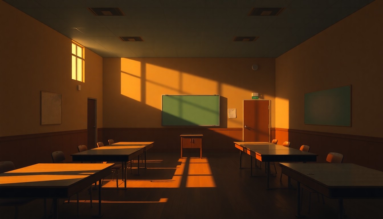 A dimly lit, cinematic painting of an empty school board meeting room, with warm sunlight streaming through the windows and deep shadows casting across the chairs and table, conveying a sense of quiet determination and resolve.