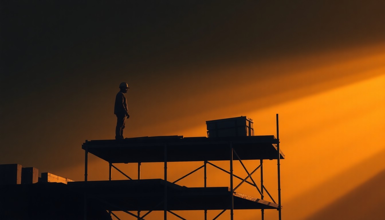 A solitary construction worker in a hard hat stands alone on a partially built scaffolding, the scene bathed in warm, cinematic light and deep shadows, evoking a sense of isolation and uncertainty in the face of new state immigration policies.