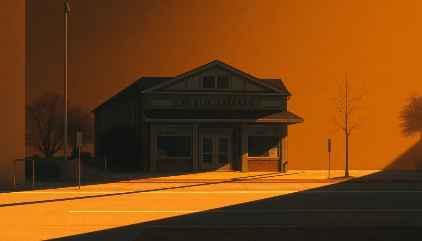 A serene, cinematic painting of a public library building in warm, golden sunlight, with deep shadows cast across the facade, conveying a sense of quiet contemplation about the evolving purpose of these community spaces.