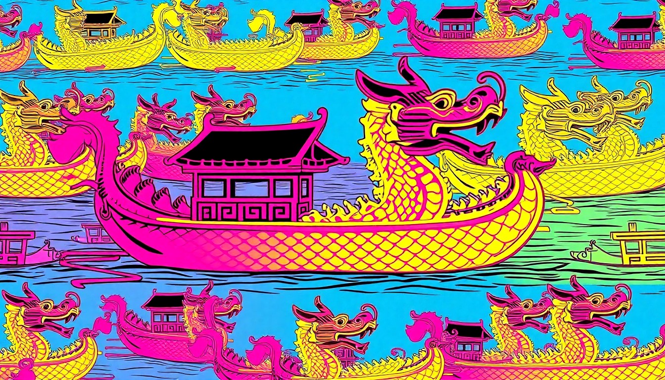 A highly stylized, pop art-inspired image featuring a repeated pattern of a traditional dragon boat in bold, neon-like colors, conceptually representing the energy and community spirit of a cultural festival.