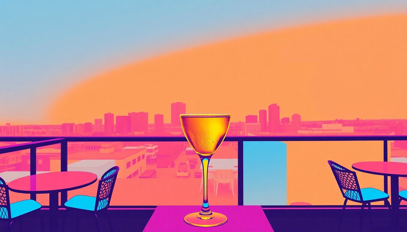 A high-contrast, silkscreen-style illustration featuring a repeated pattern of a San Diego skyline view, rendered in a vibrant neon color palette that captures the energy and variety of the city's rooftop bar scene.