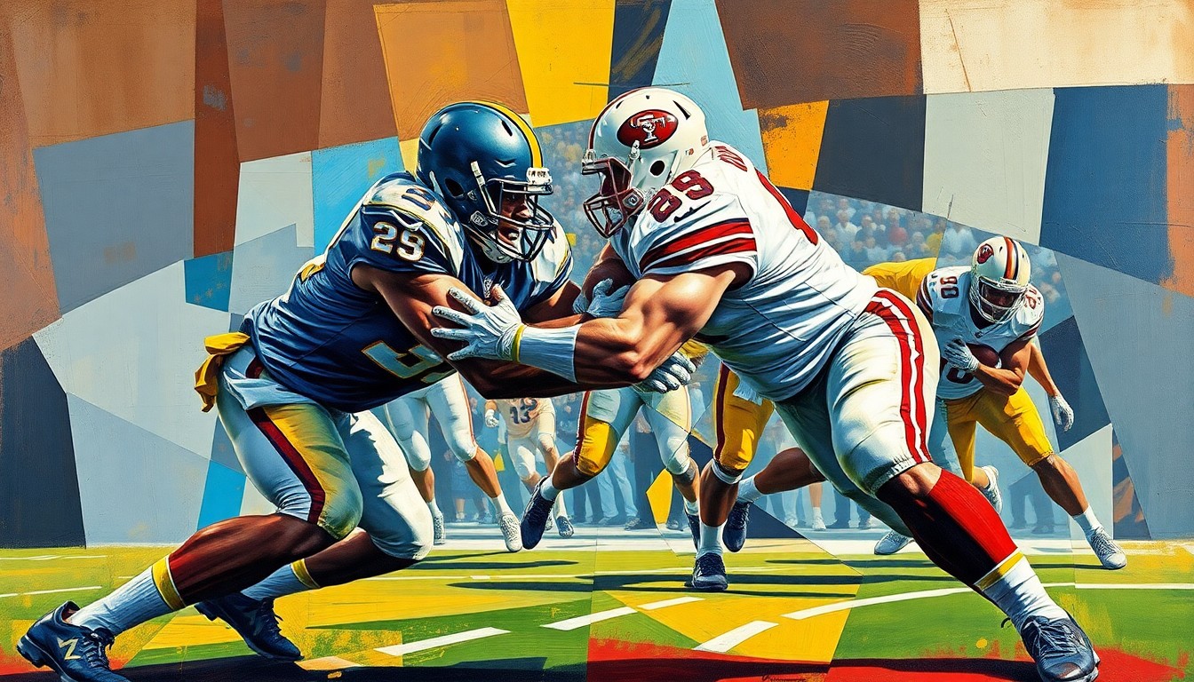 A cubist-style painting depicting an offensive lineman engaged in a blocking play, with the figure broken down into sharp, overlapping geometric shapes and planes in a vibrant color palette.