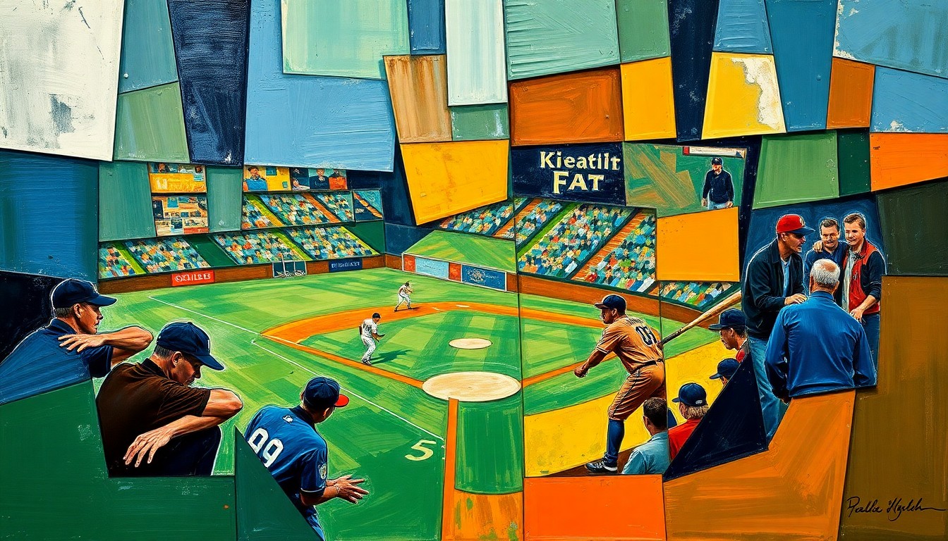 A fragmented, cubist-style painting depicting a baseball coaching scene, with sharp, overlapping geometric shapes in navy, green, and orange hues, conveying the dynamic energy of the sport.
