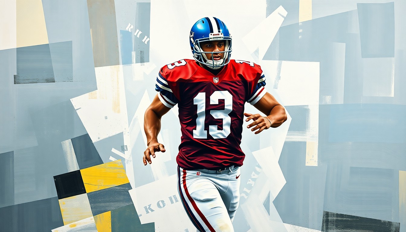 A cubist, geometric painting depicting a football player in motion, with their jersey number and team colors only partially visible through the fractured, overlapping planes.