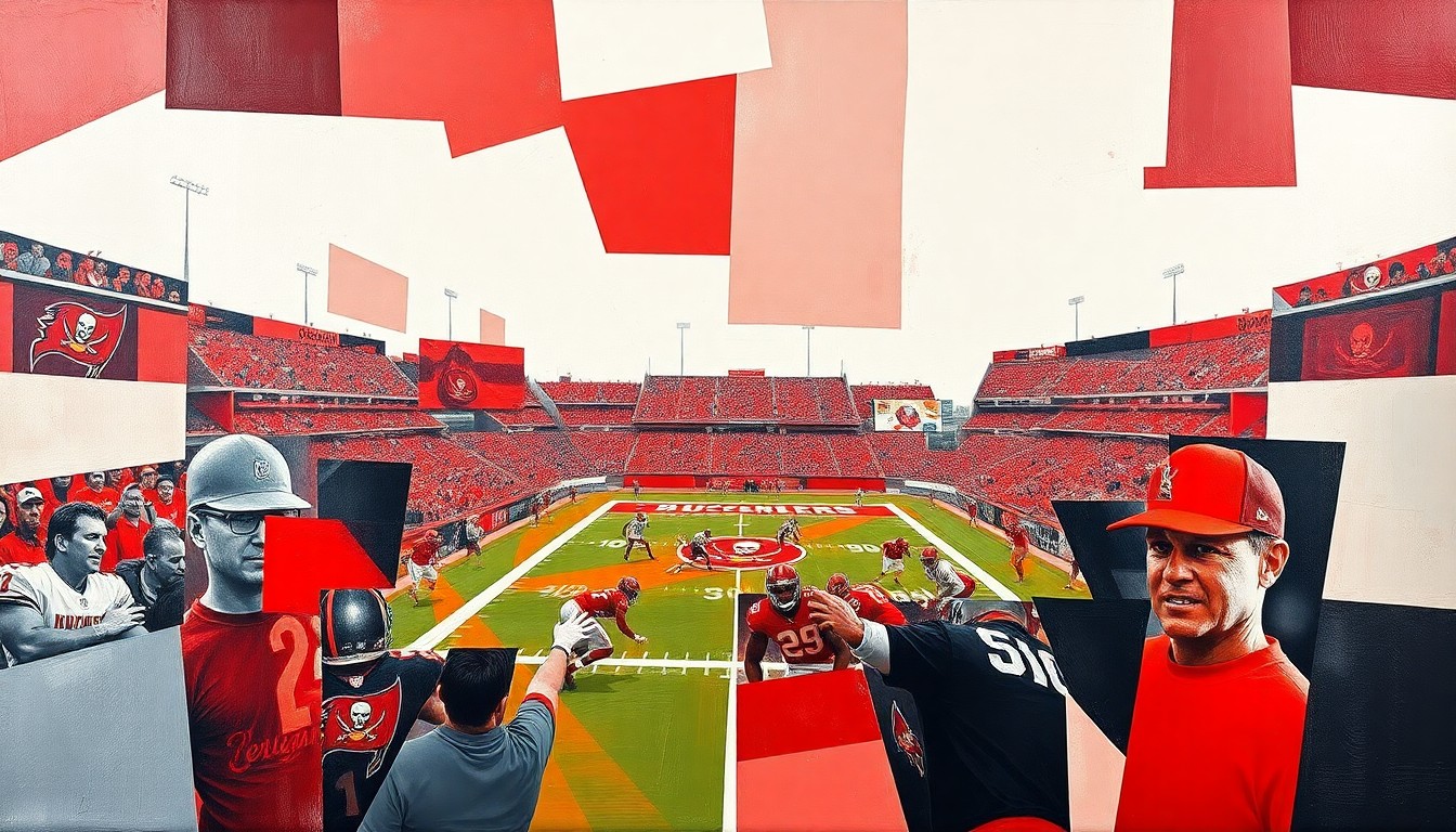 A cubist, geometric painting in the Buccaneers' team colors, depicting a fragmented and overlapping scene of a football game, capturing the strategic complexity of the draft process.