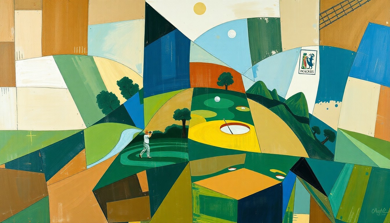 A fractured, cubist-style painting depicting a golf tournament or match, with sharp geometric shapes and planes in shades of green, brown, and blue, conveying the complex and evolving landscape of professional golf.