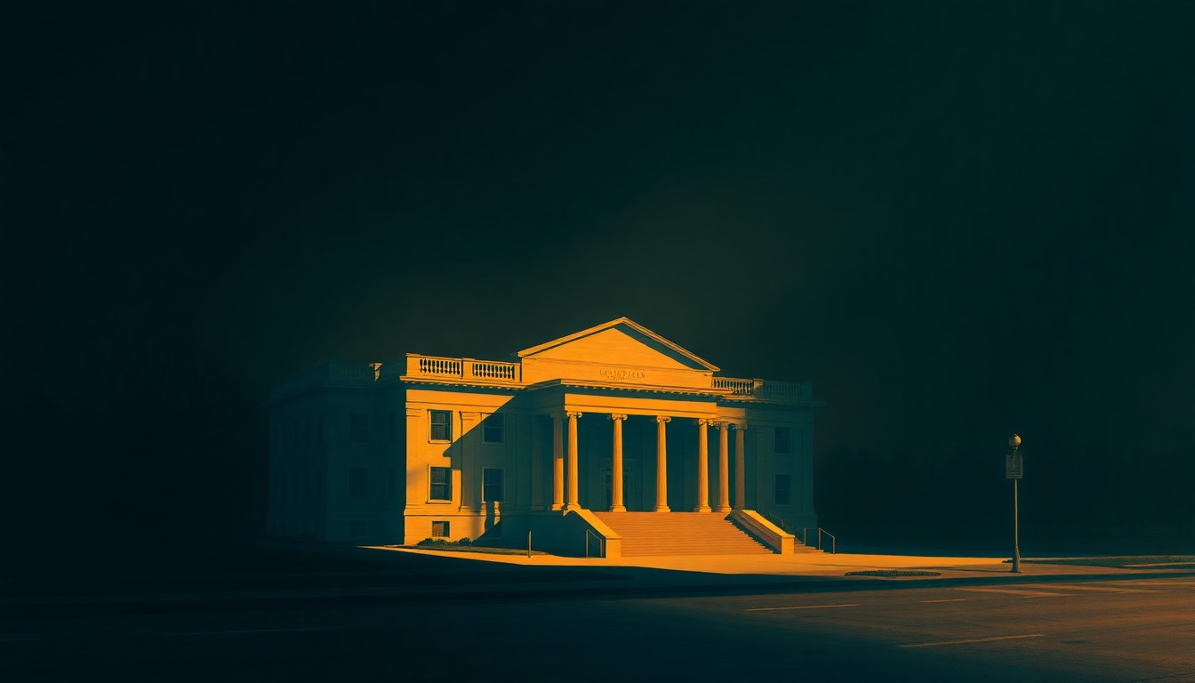 A serene, cinematic painting depicting a government building or civic structure in warm, muted tones, with dramatic lighting and shadows creating a contemplative, nostalgic mood.