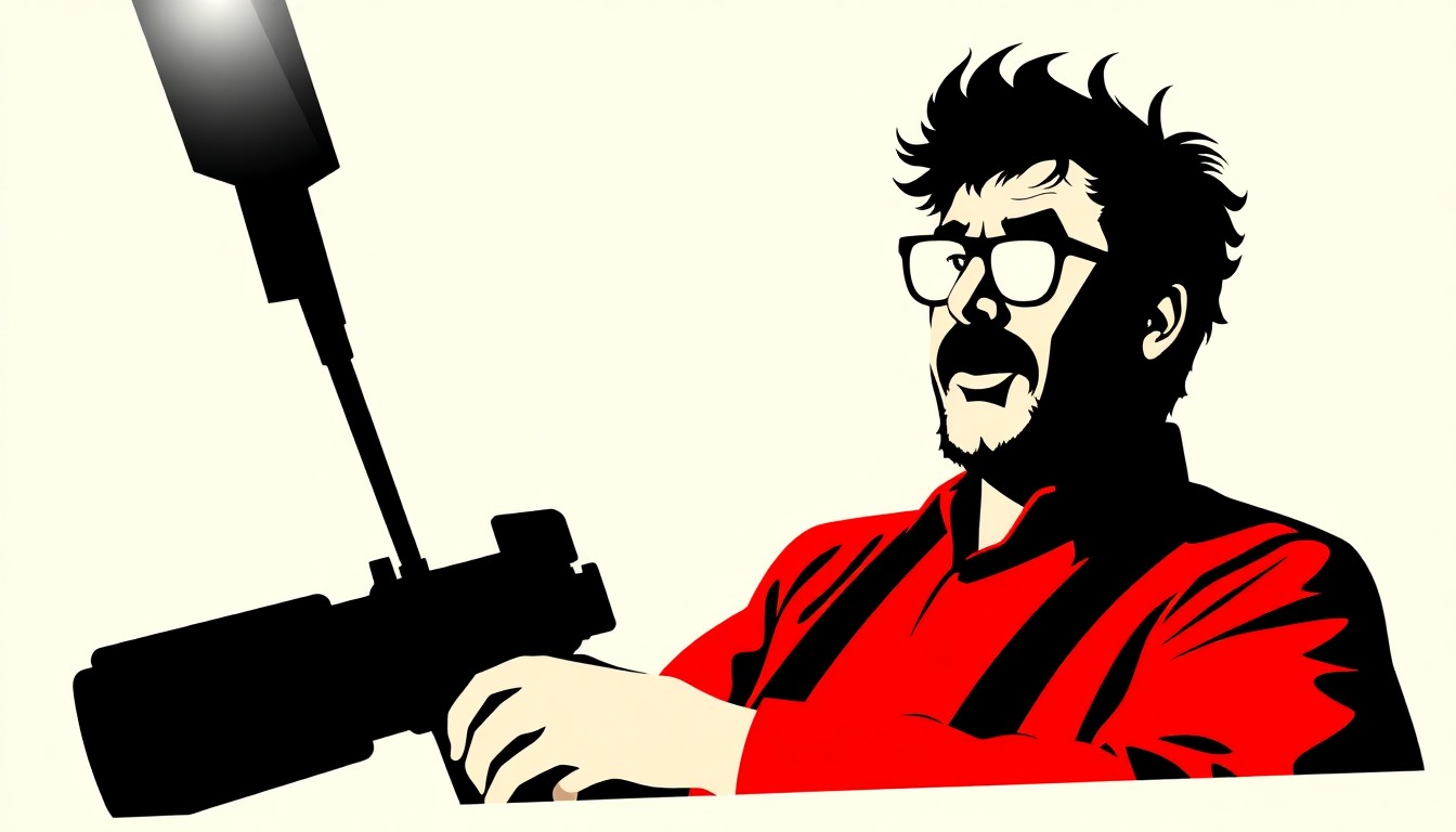 A striking black silhouette of the iconic Dark Helmet helmet against a bold red background, conceptually representing the return of actor Rick Moranis to the 'Spaceballs' franchise.