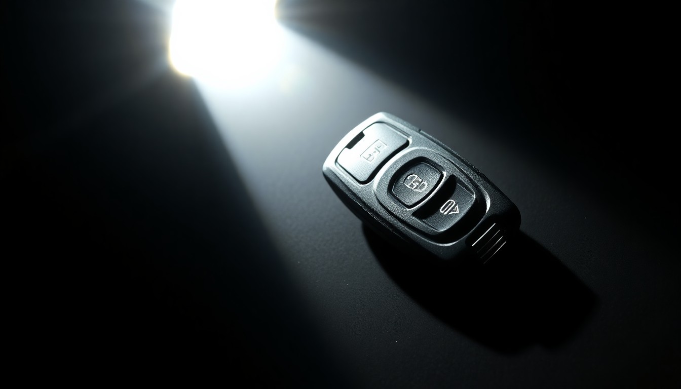An extreme close-up photograph of a single car key lit by a harsh, direct camera flash against a pitch-black background, conceptually representing the investigation into the alleged getaway vehicle.