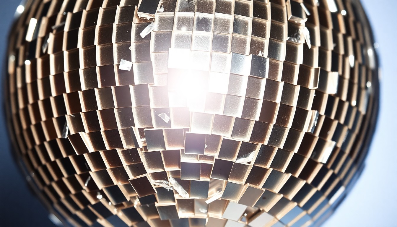 An abstract, high-contrast close-up image of a shattered disco ball reflecting bright, glittering shards of light, conceptually representing the divisive nature of celebrity involvement in politics.