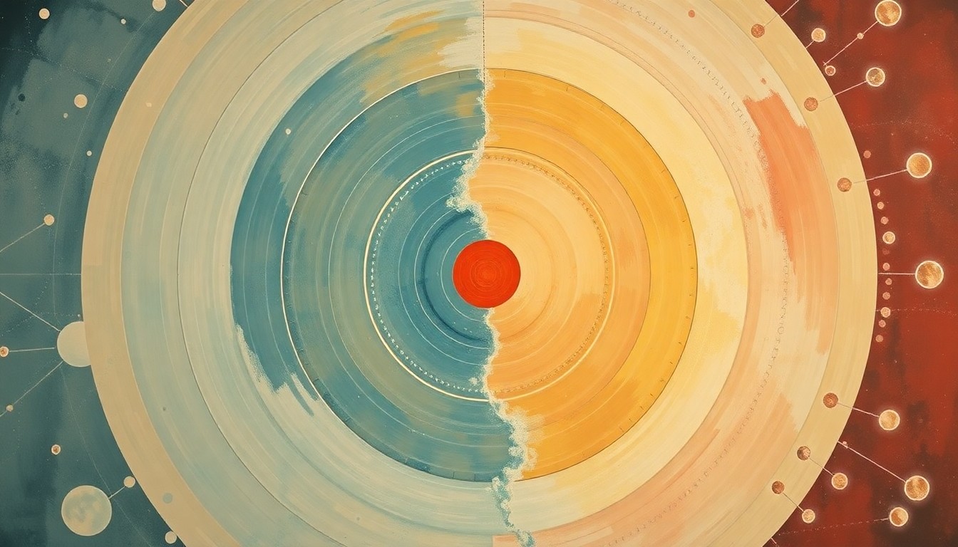 A bold, abstract painting in soft blues, greens, and purples, featuring sweeping geometric arcs, concentric circles, and precise celestial spirals, conceptually representing the structural order and international collaboration of the space industry.