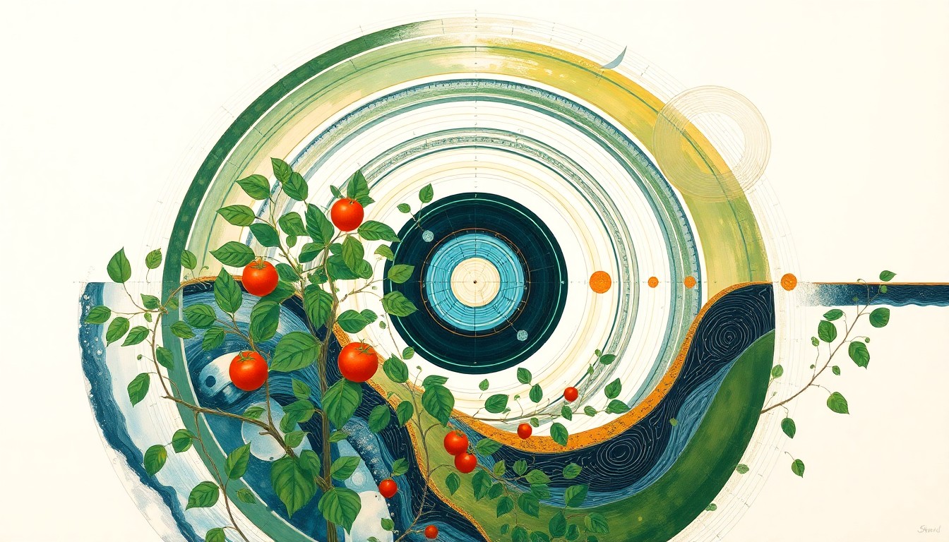 A bold, abstract painting in earthy tones of green, brown, and blue, featuring sweeping geometric arcs, concentric circles, and precise botanical spirals, conceptually representing the efficient integration of tomato plants, solar panels, and water flows in a sustainable agrovoltaic system.