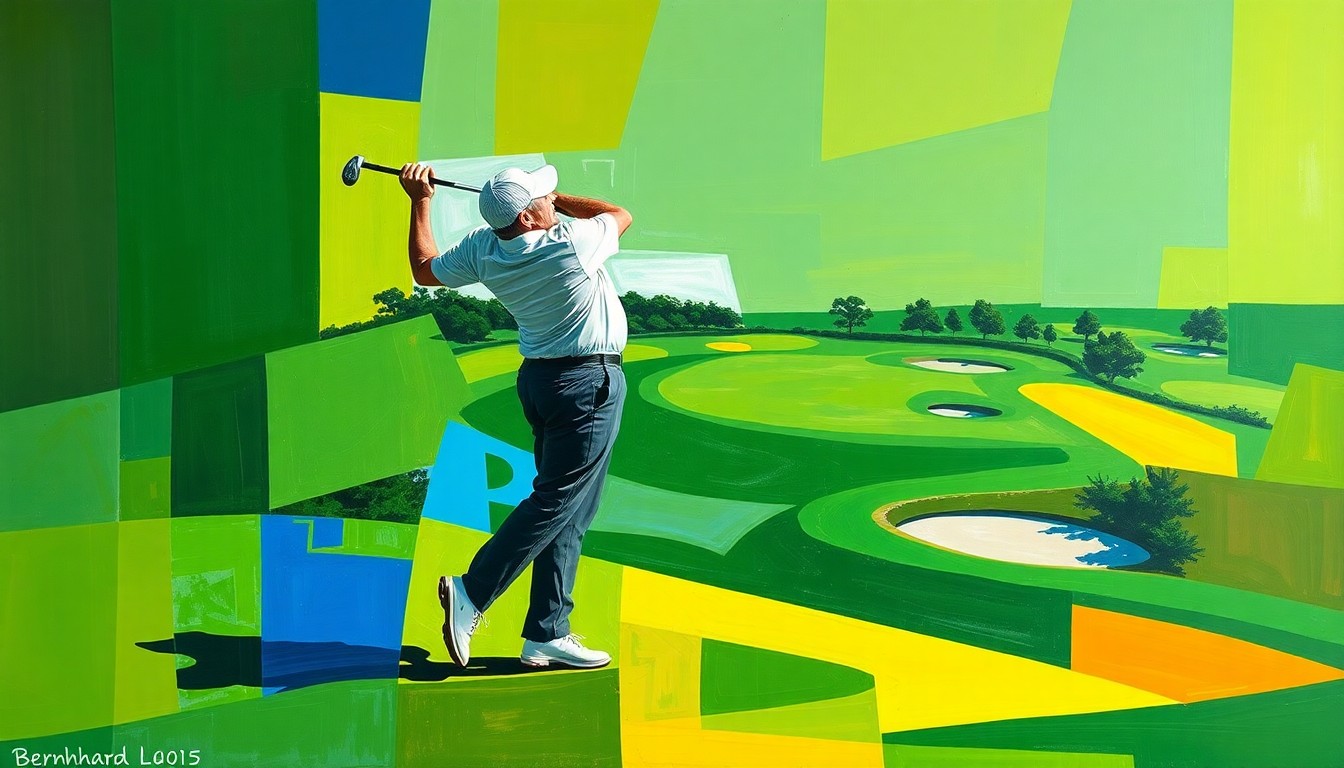 A fractured, multi-perspective painting depicting Bernhard Langer's golf swing and the Concession Golf Club course, broken down into sharp, overlapping geometric planes of vibrant green, blue, and yellow colors, conceptually representing the intricate physical movements and challenging terrain of senior major championship golf.