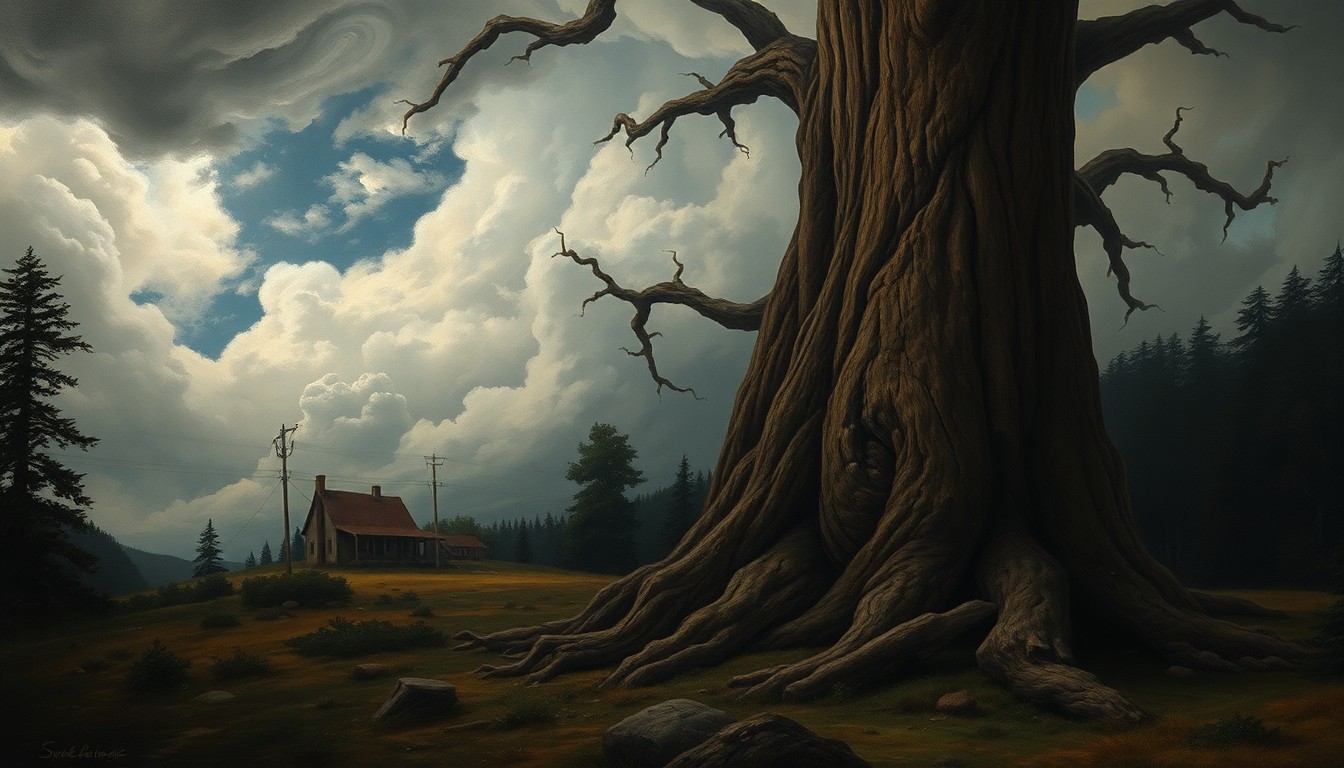 A sweeping, atmospheric landscape painting depicting a massive, twisted tree trunk in the foreground, partially obscuring a damaged home in the distance, all set against a backdrop of ominous, swirling storm clouds.