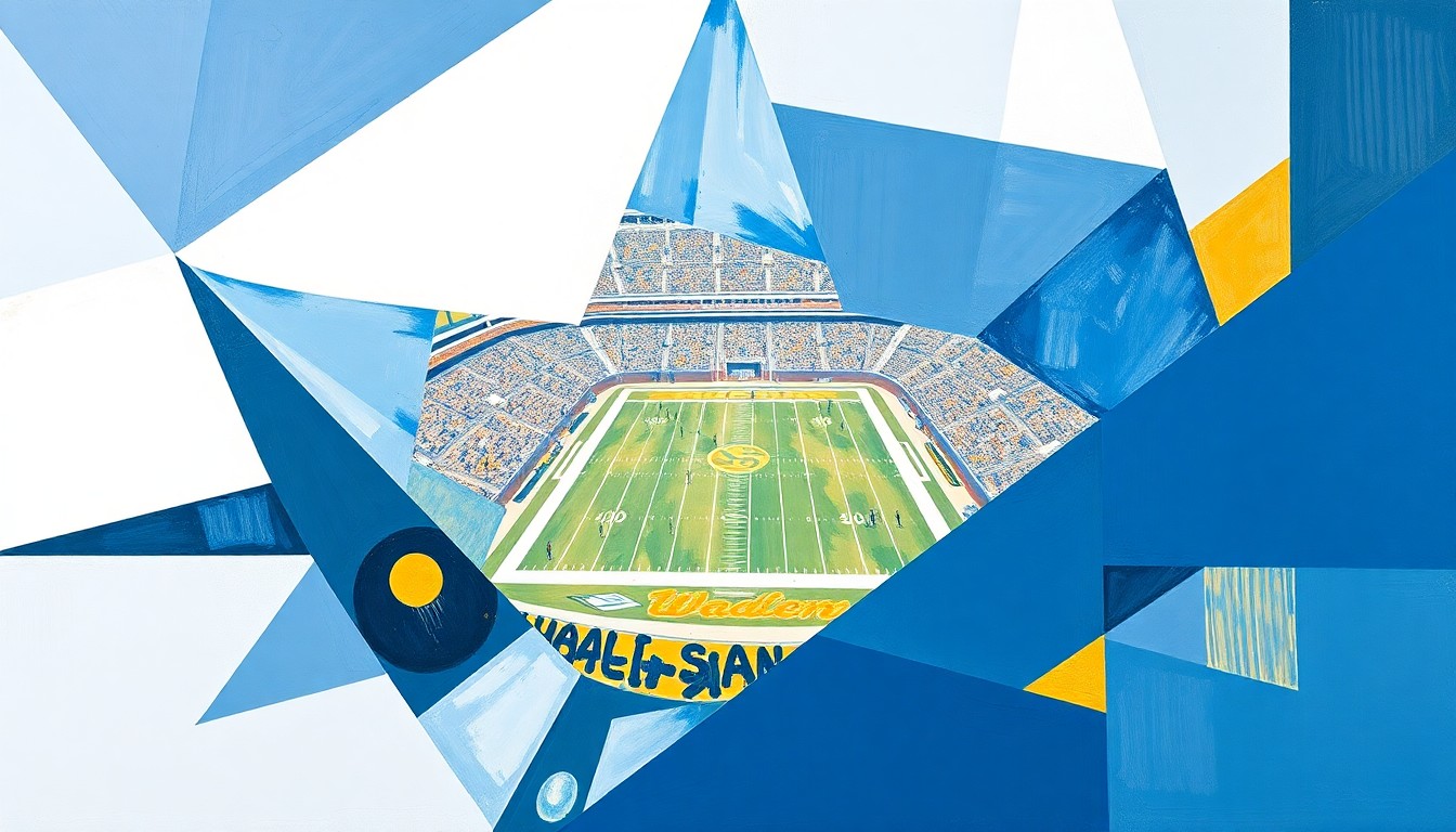 A cubist-style painting depicting a college football game broken down into overlapping geometric shapes and planes in shades of blue, white, and gold, conceptually representing Duke's recent on-field success under coach Manny Diaz.