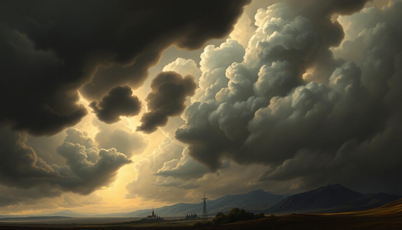 A sweeping, atmospheric landscape painting in muted earth tones, with a dramatic, turbulent sky filled with ominous clouds and rays of light breaking through, conceptually representing the power and unpredictability of an approaching severe weather system.