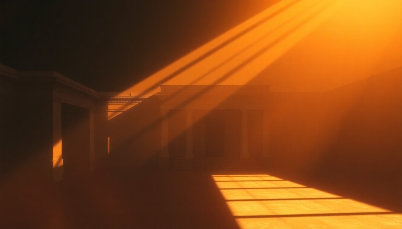 A realistic oil painting depicting the exterior of a government building or city hall, with warm sunlight streaming through the windows and deep shadows cast across the facade, creating a sense of solemnity and civic importance.