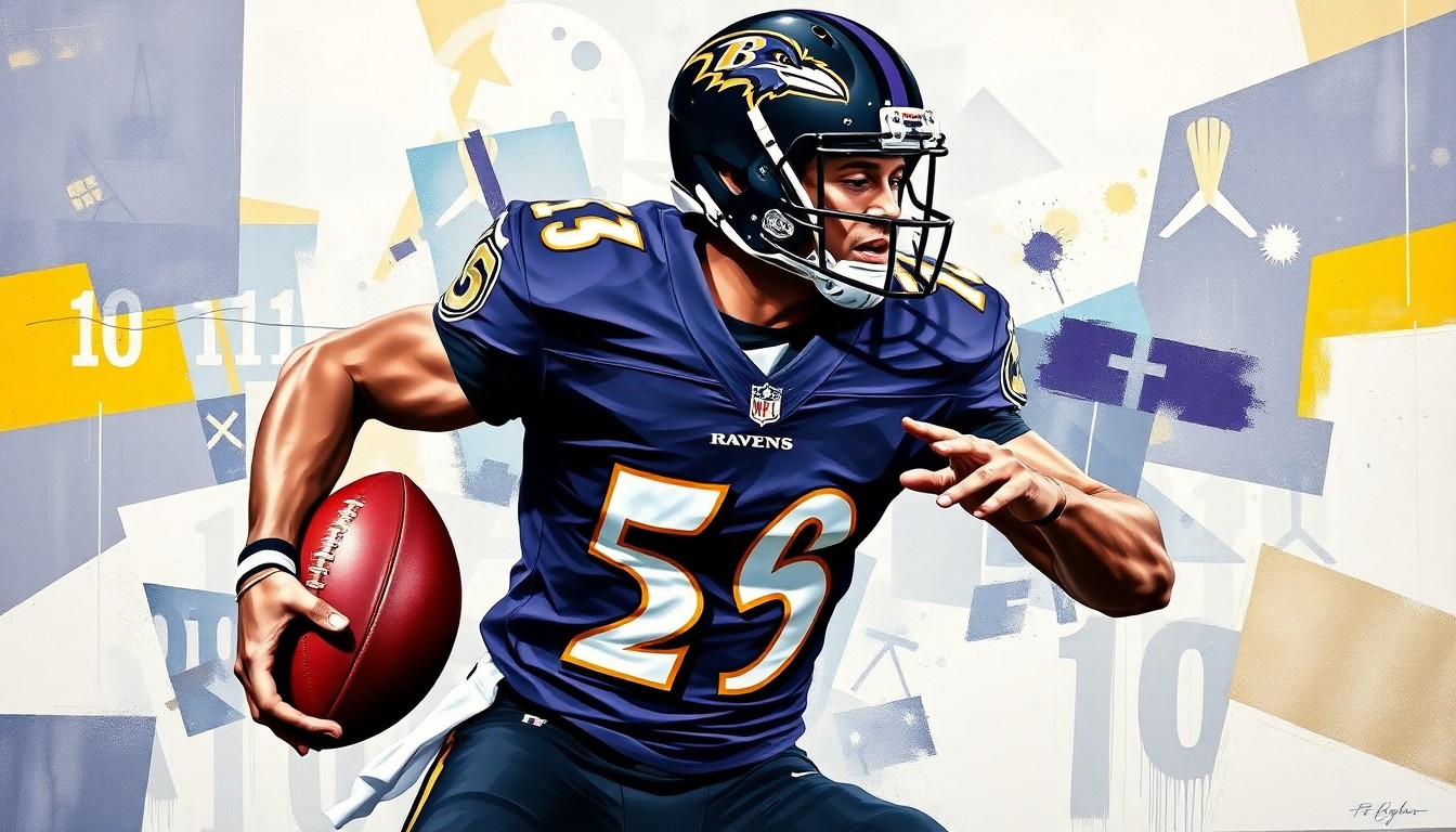 A cubist, fragmented painting depicting a Ravens football player in action, with the player's uniform rendered in a mix of purple, black, white, and gold geometric shapes.