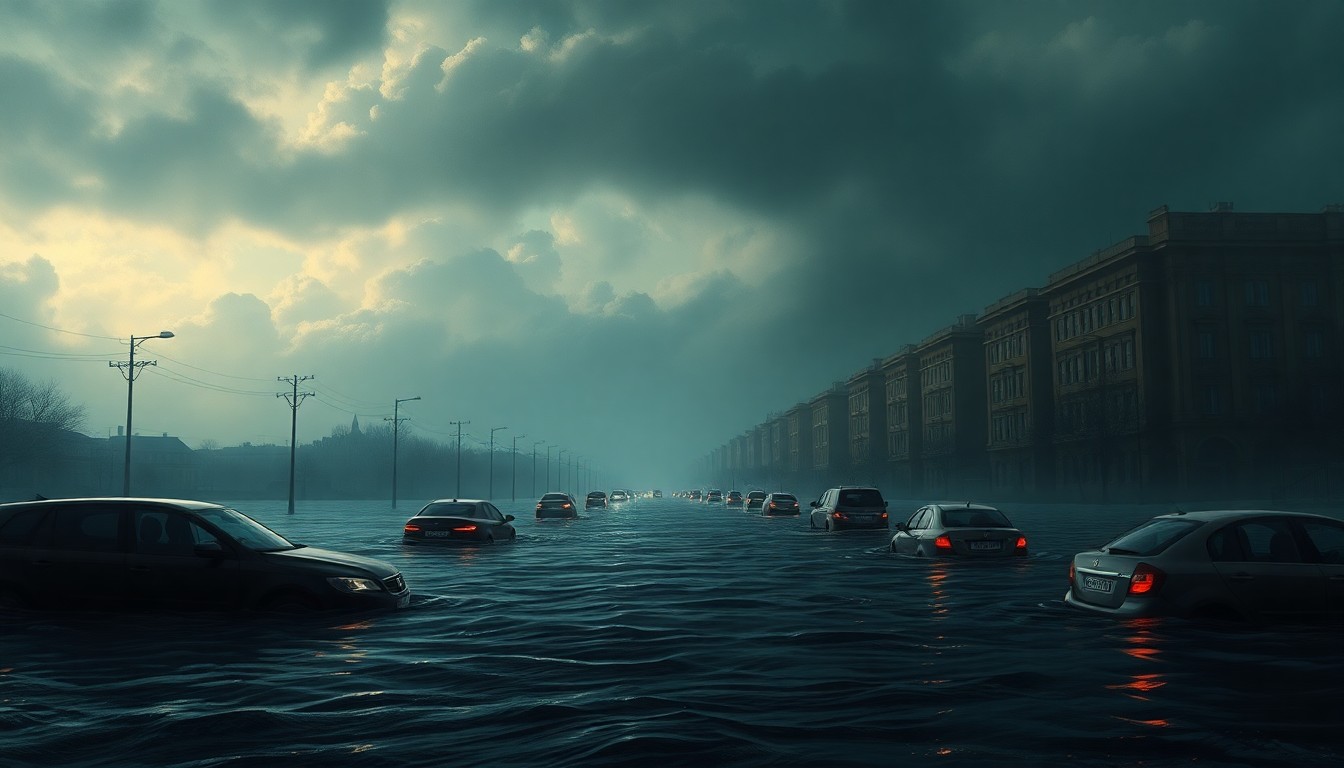 A sweeping, atmospheric landscape painting depicting a flooded city street, with only the tops of submerged cars visible against a backdrop of dramatic, swirling clouds and rising floodwaters that dwarf the urban scene, conveying a sense of the overwhelming power of nature.