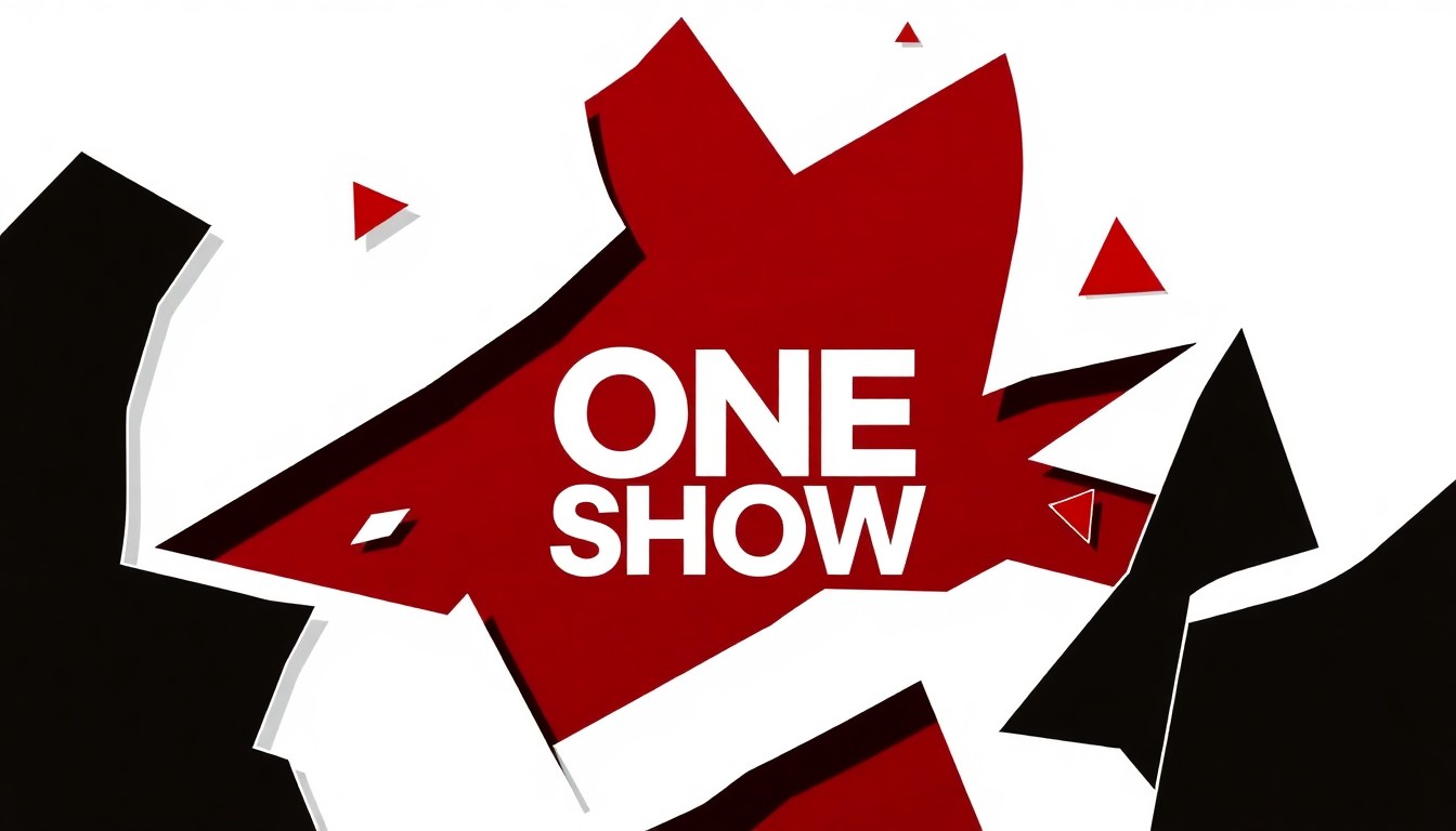An abstract, minimalist illustration featuring sharp, angular shapes in black, white, and red, conveying the prestigious and competitive nature of the One Show awards.
