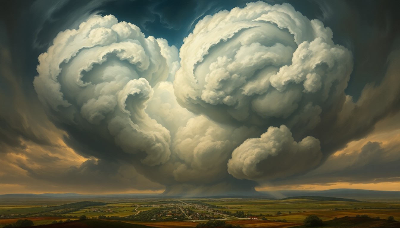 A sweeping, atmospheric landscape painting in muted tones of gray, blue, and green, with a small town dwarfed by a dramatic, stormy sky filled with swirling, ominous clouds, conveying the overwhelming scale and power of the natural forces unleashed by the intense hail storm.