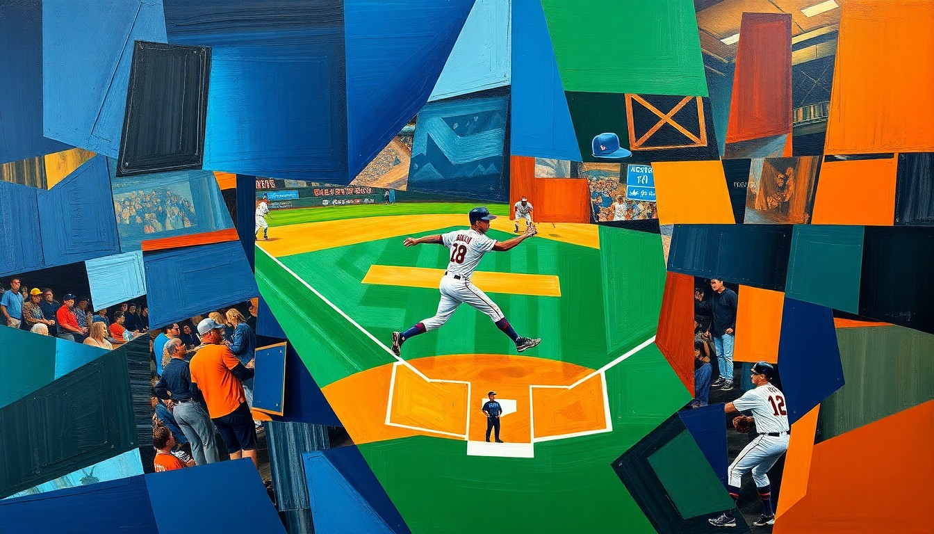 A cubist, geometric painting depicting a baseball player in motion, with their form fractured into overlapping planes of navy, green, and orange.