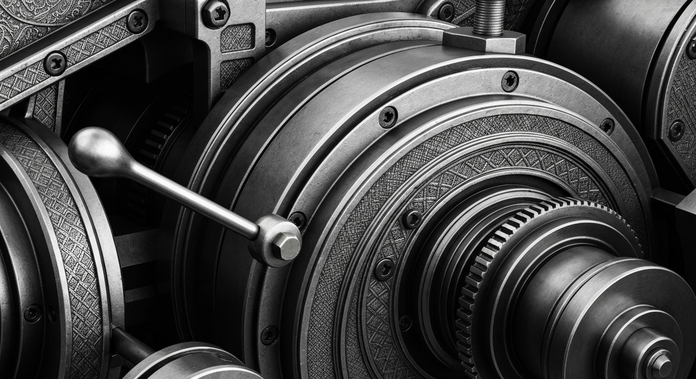 A highly detailed, cinematic close-up photograph of the gears, levers, and mechanical components that make up the physical machinery of the banking and finance industry, conveying a sense of the heavy, industrial nature of financial systems.