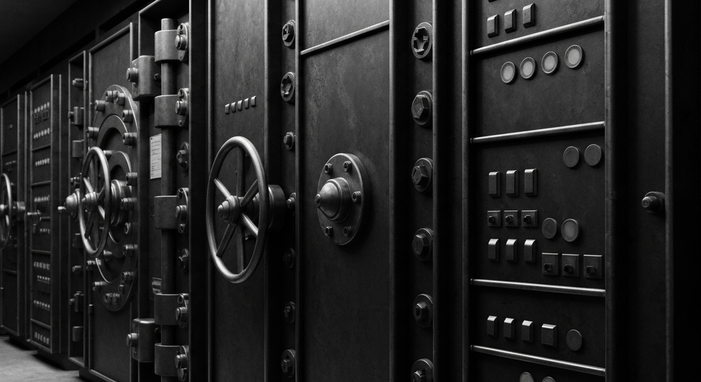 A high-contrast, close-up image of heavy, industrial banking equipment and machinery, representing the tangible, physical aspects of the financial sector without using any literal currency or charts.