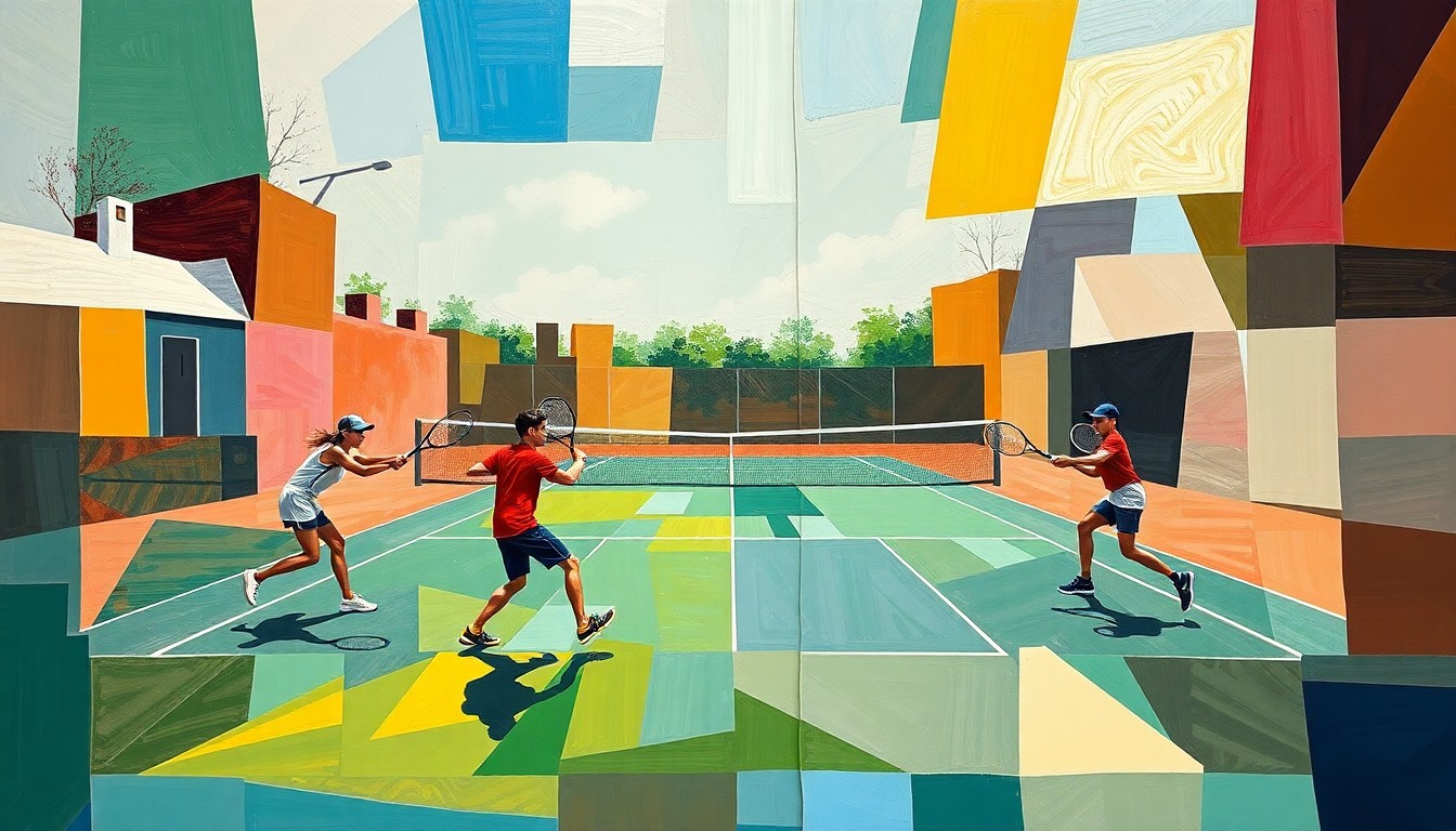 A fractured, geometric painting depicting a high school tennis match, with the players and court broken down into sharp, overlapping planes of color and abstract shapes, capturing the dynamic energy of the sport.