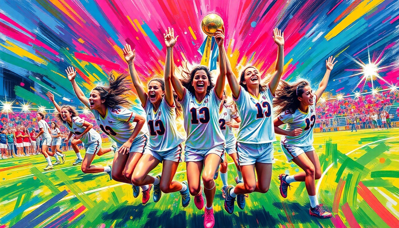 An abstract, energetic painting featuring vibrant brushstrokes in neon shades of green, blue, and pink, capturing the celebratory movements and emotions of a victorious girls' soccer team.