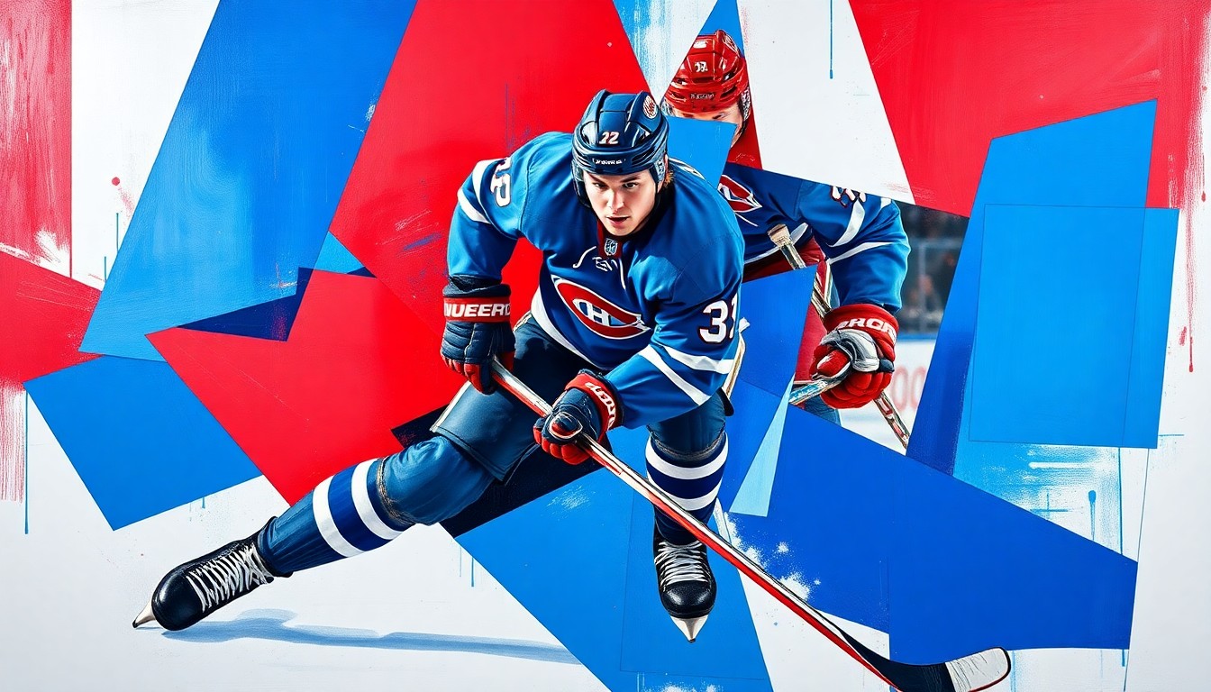 A fractured, multi-perspective painting depicting Auston Matthews' hockey movements broken down into sharp, overlapping geometric planes in vibrant colors like royal blue, crimson red, and metallic silver, conceptually representing the uncertainty surrounding the star player's future with the Toronto Maple Leafs.